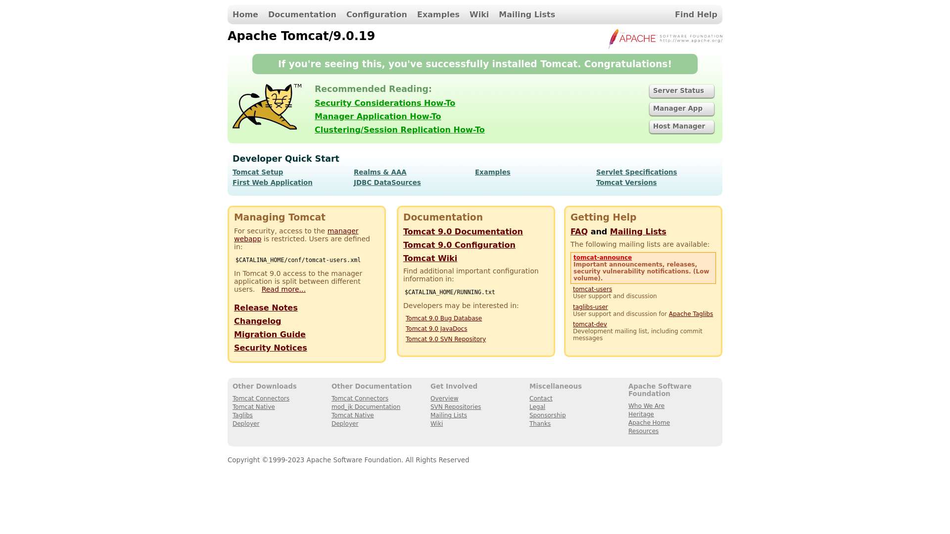 Apache Tomcat/9.0.19截图时间：2023-07-17