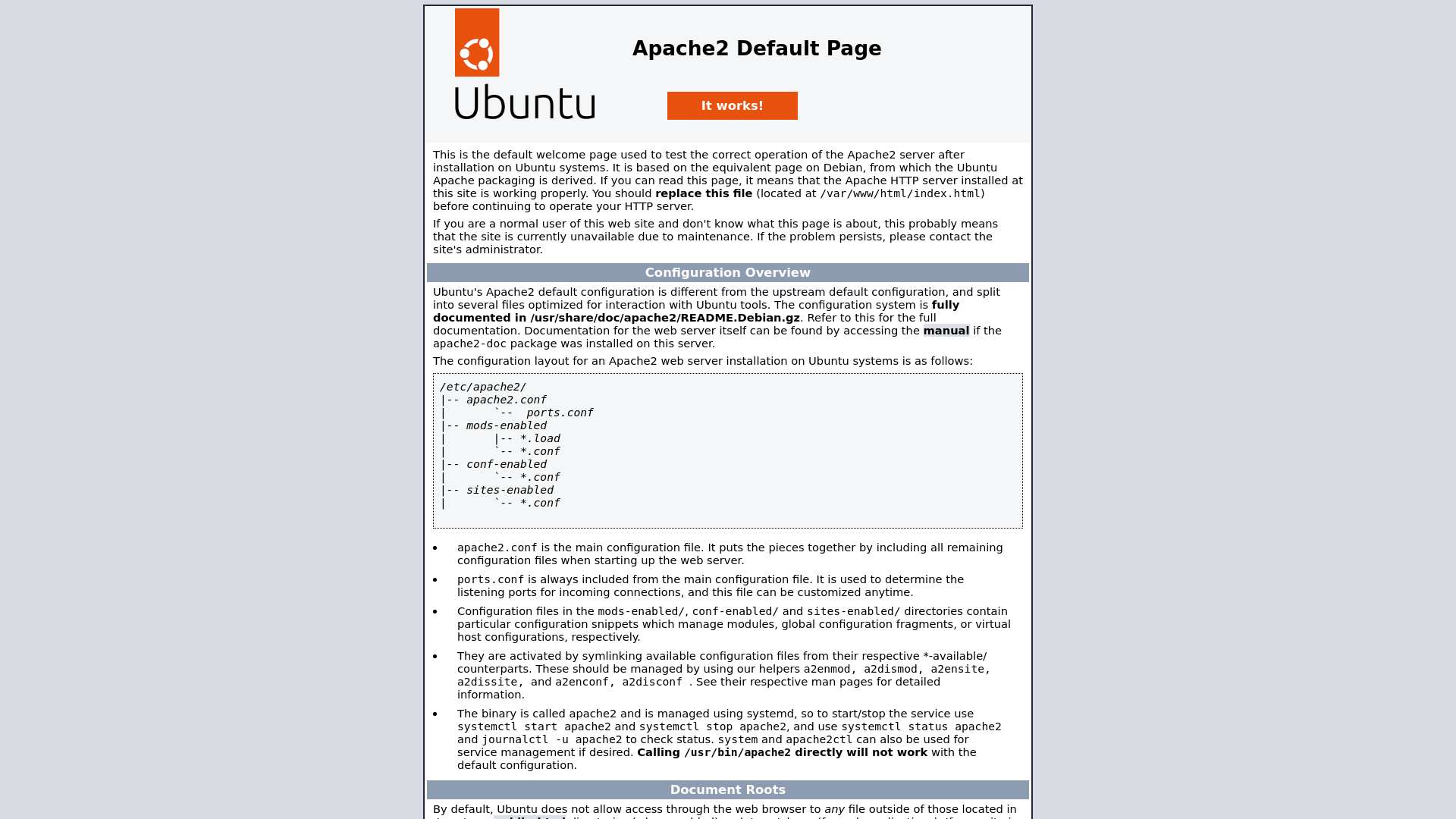 Apache2 Ubuntu Default Page: It works截图时间：2023-08-19